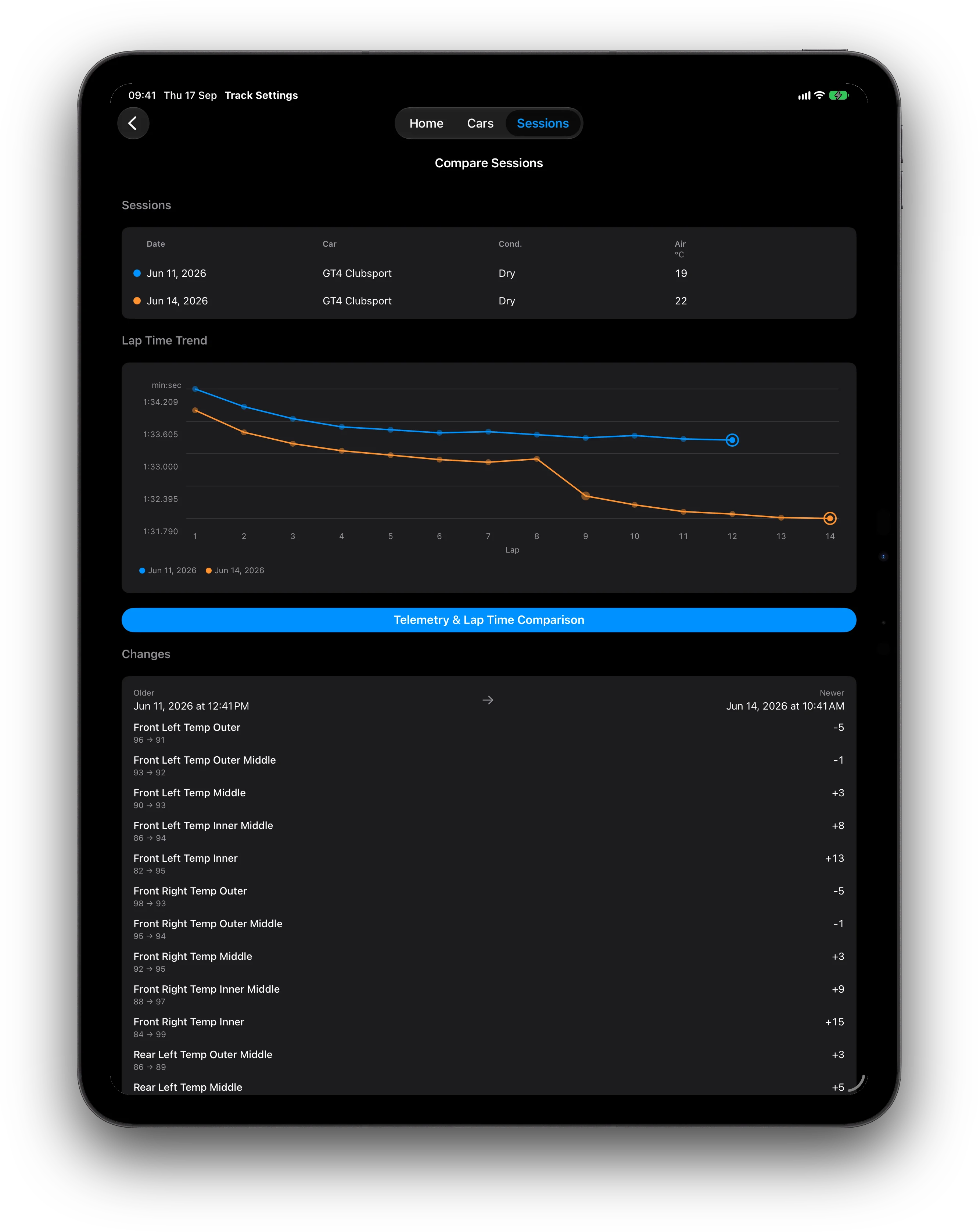 iPad compare sessions with overlaid lap graphs and setup deltas
