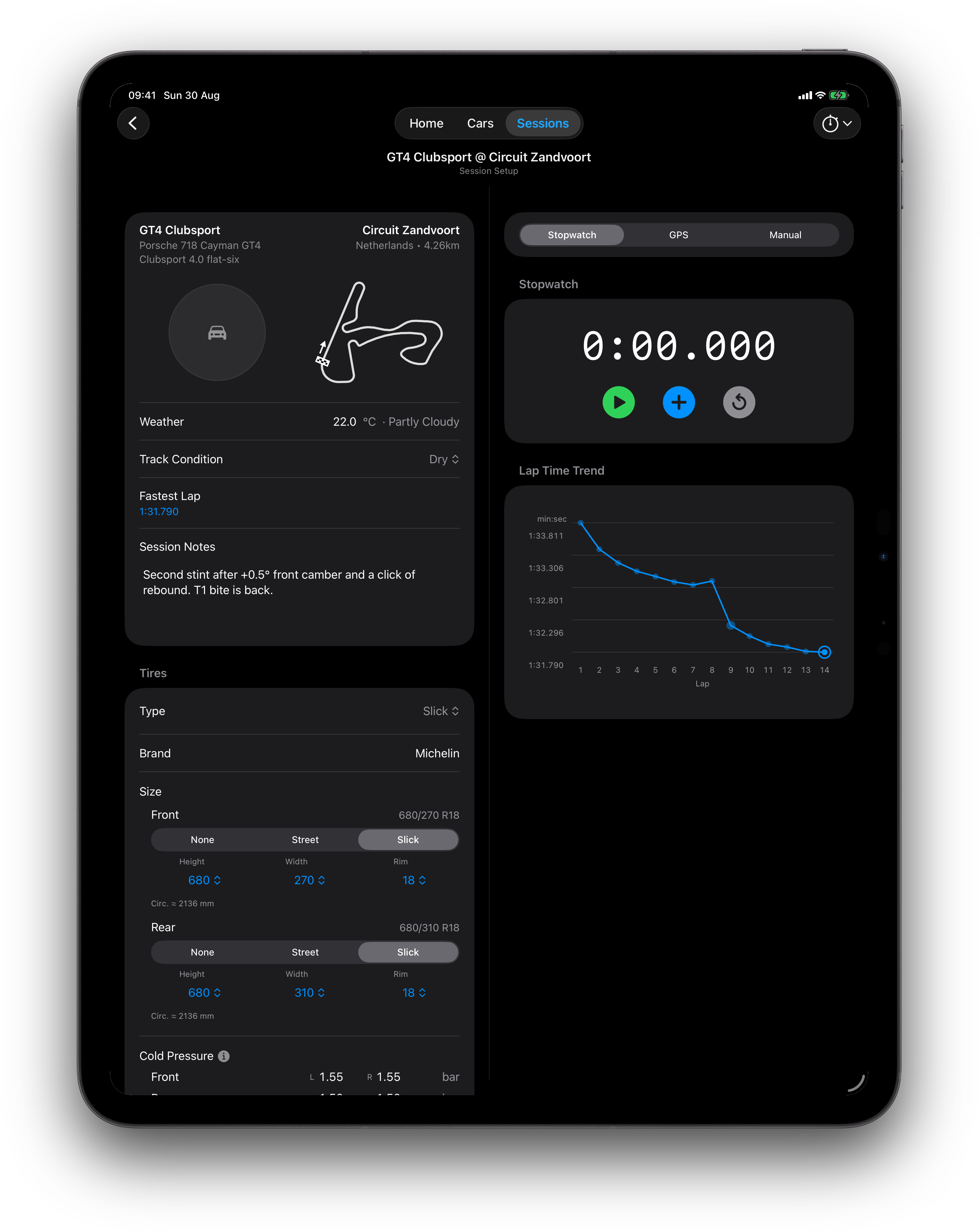 iPad lap timing with trend graph beside session notes