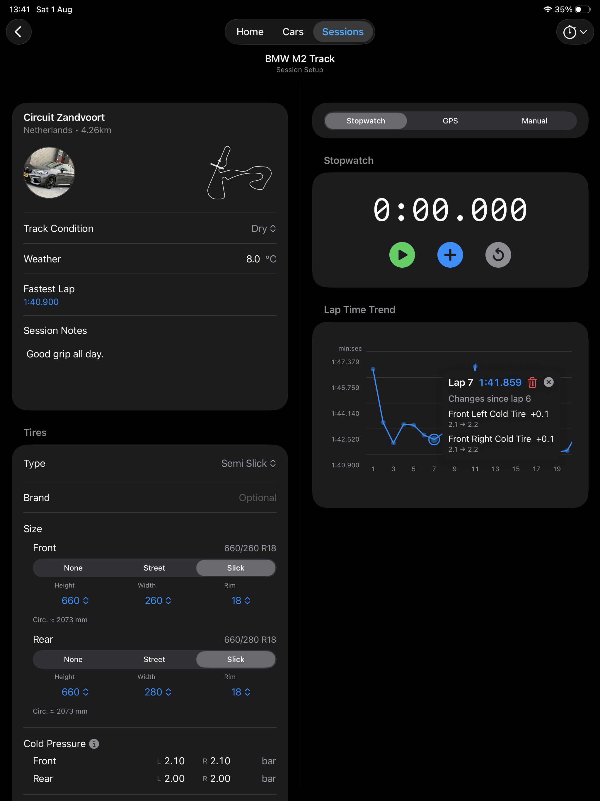 iPad lap timing with stopwatch and trend graph beside session notes