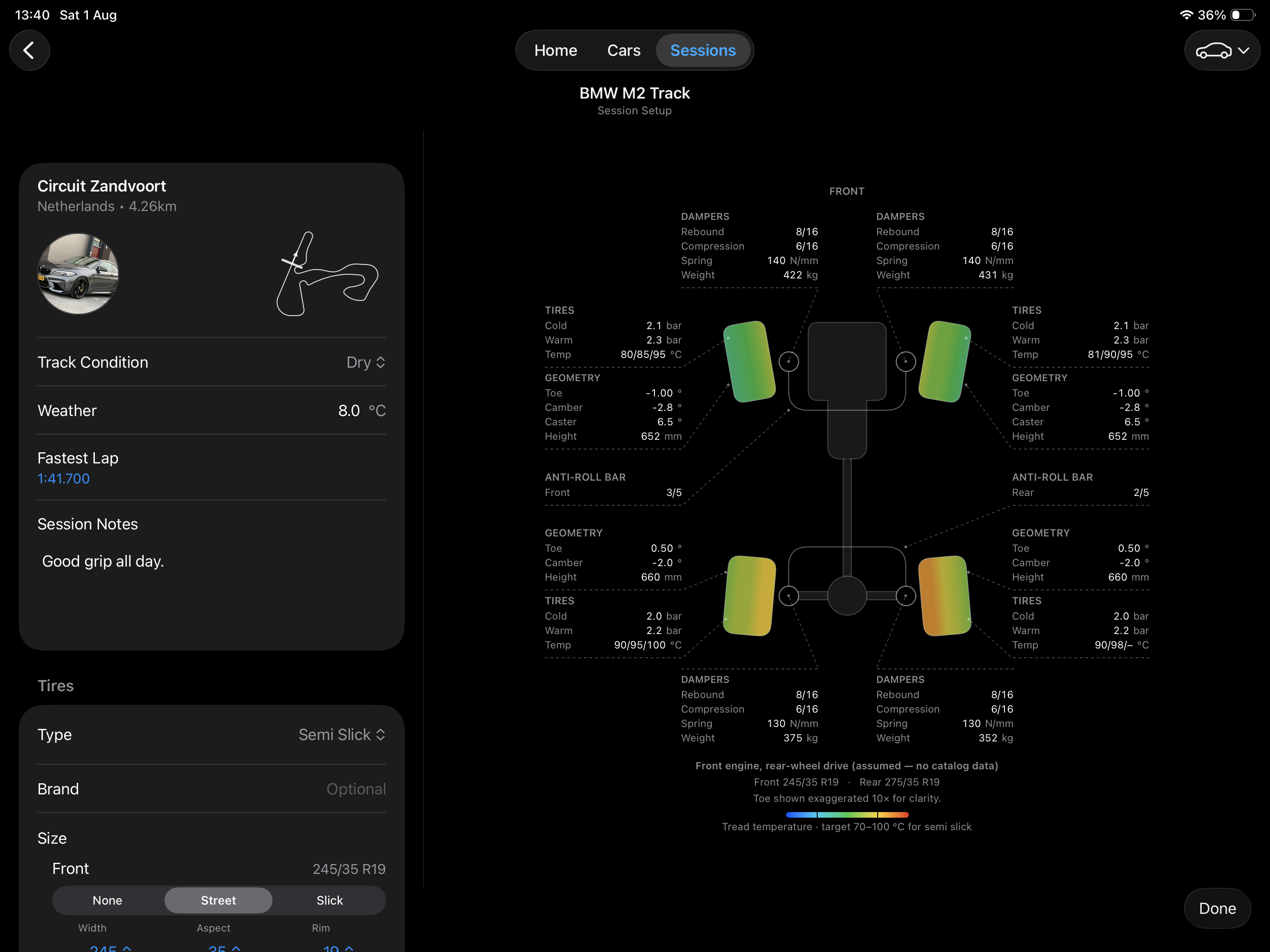 iPad session setup with suspension schematic and tread heat map