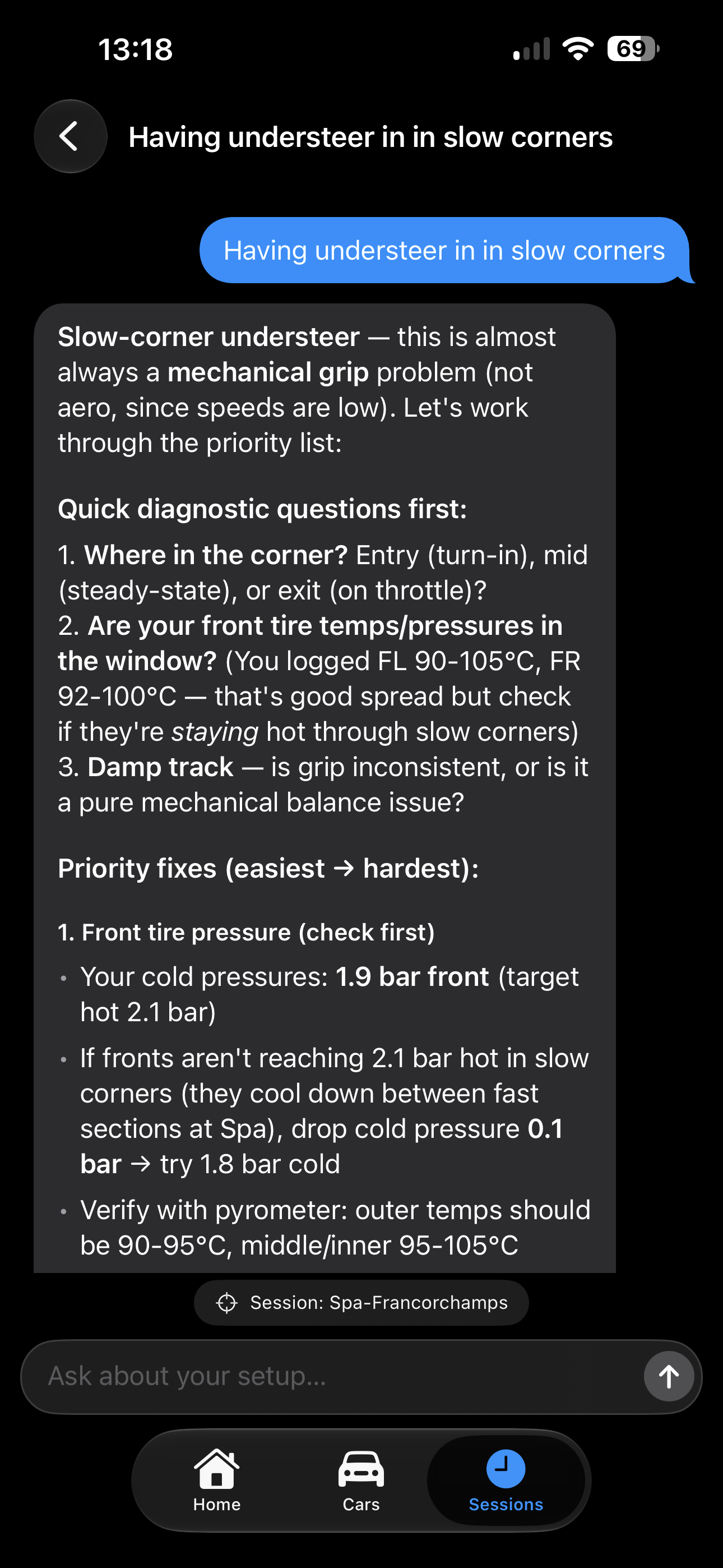 Ask an Engineer chat on iPhone: slow-corner understeer advice