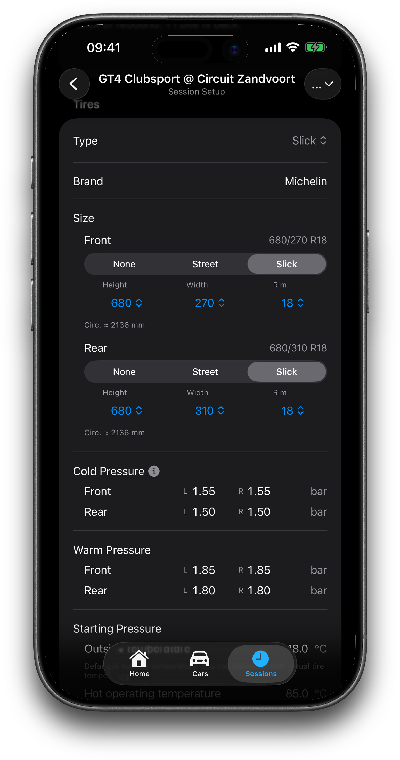 Session setup on iPhone: suspension schematic with per-corner pressures, temperatures, and damper clicks