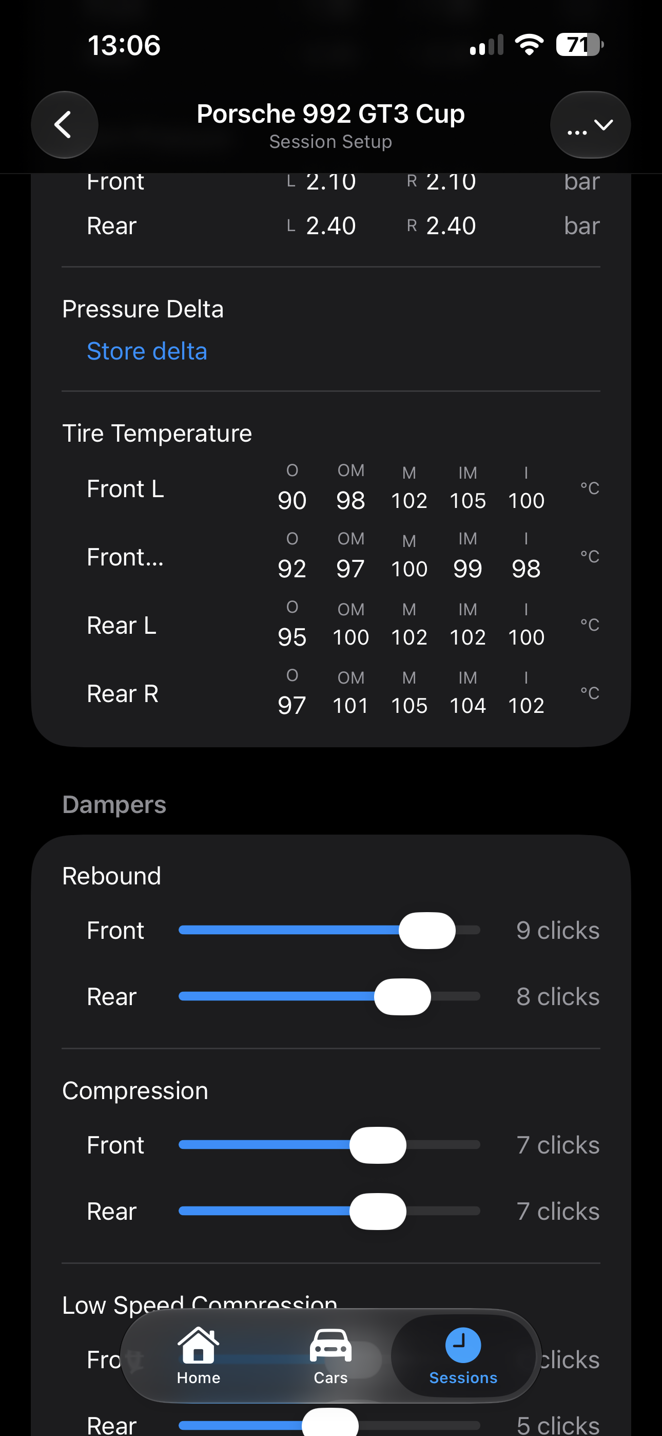 Session setup on iPhone: per-corner tire pressures, temperatures, and damper clicks